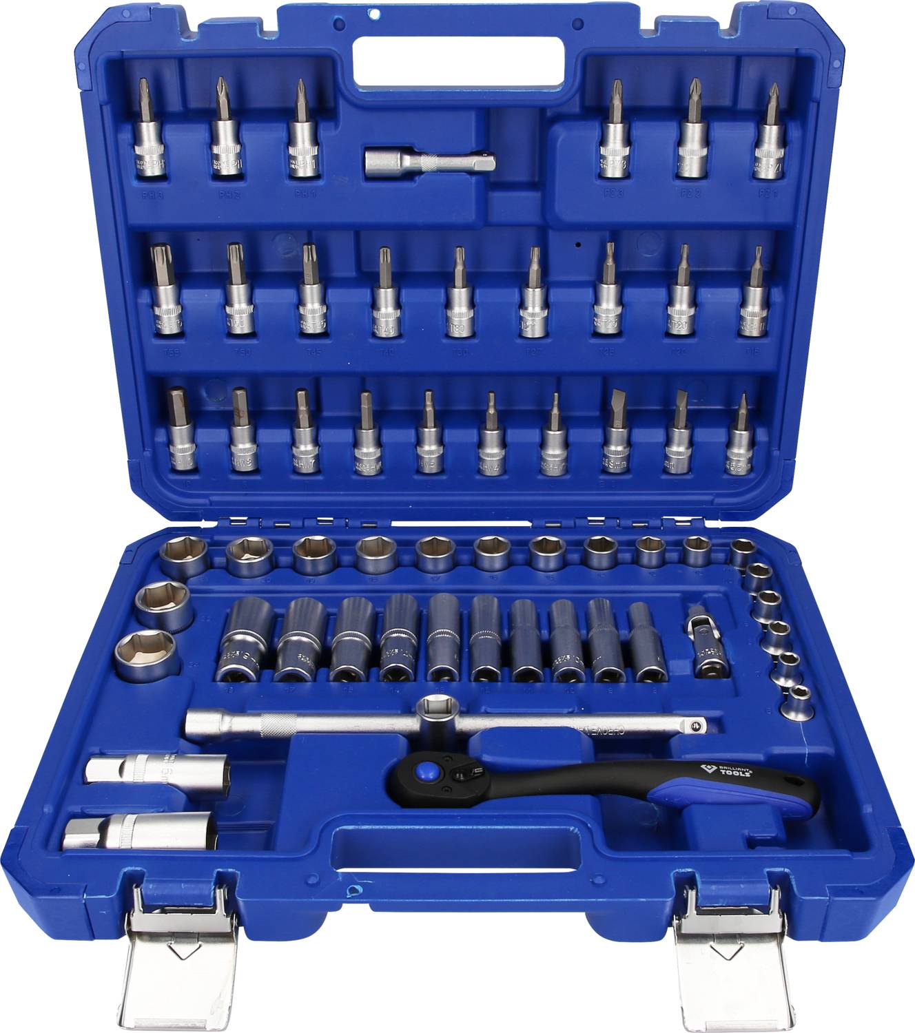 Une boîte à outils bleue contenant différentes clés et douilles de tailles variées.