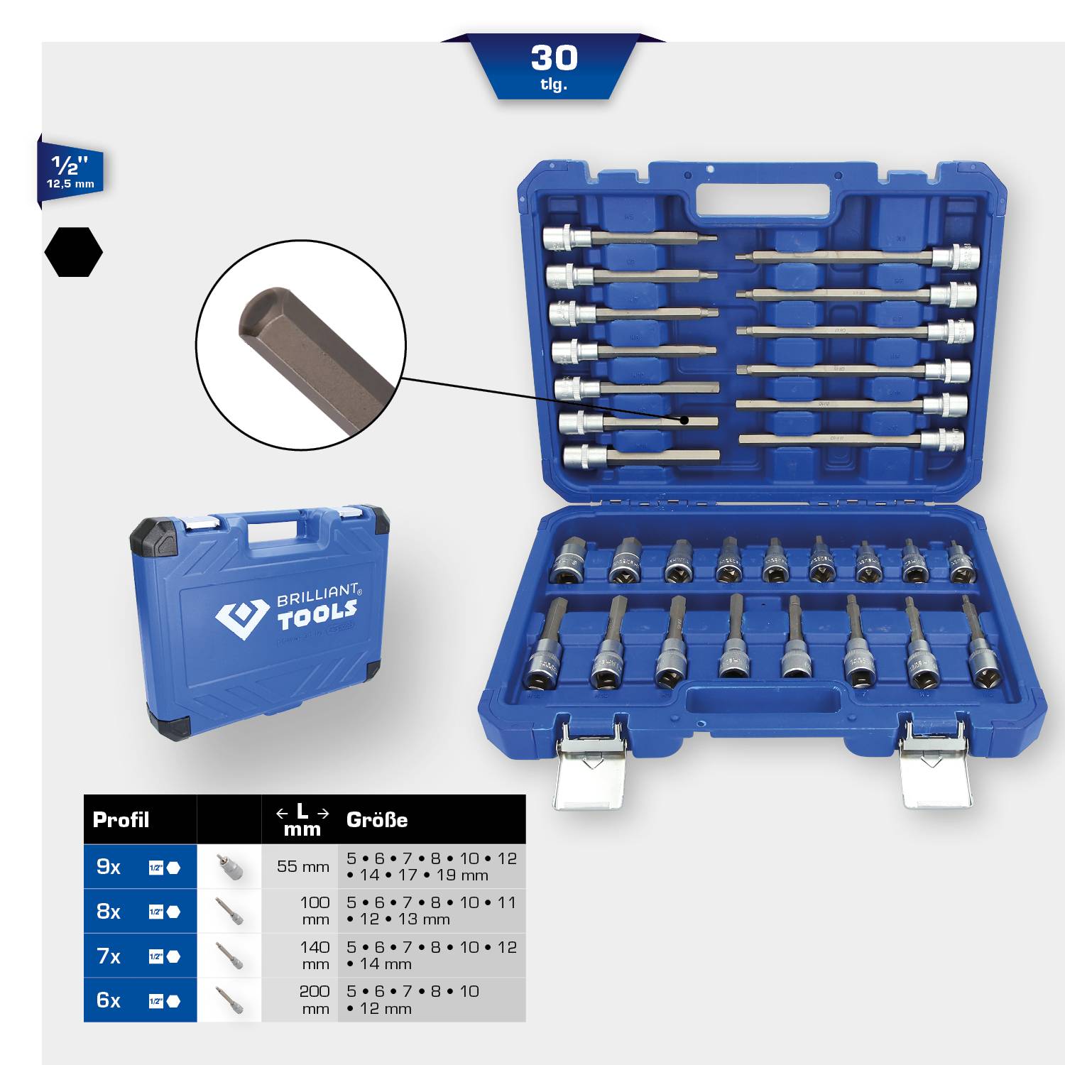 Ensemble de 30 pièces d'accessoires d'outils dans un sac de transport bleu. Différentes tailles de embouts et de douilles, détails en allemand.