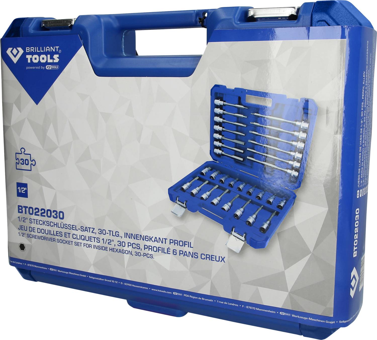 Une valise bleue portant l'inscription « Coffret de douilles 1/2", 30 pièces, profil à bords intérieurs ». Contient des outils rangés en rangées ordonnées.