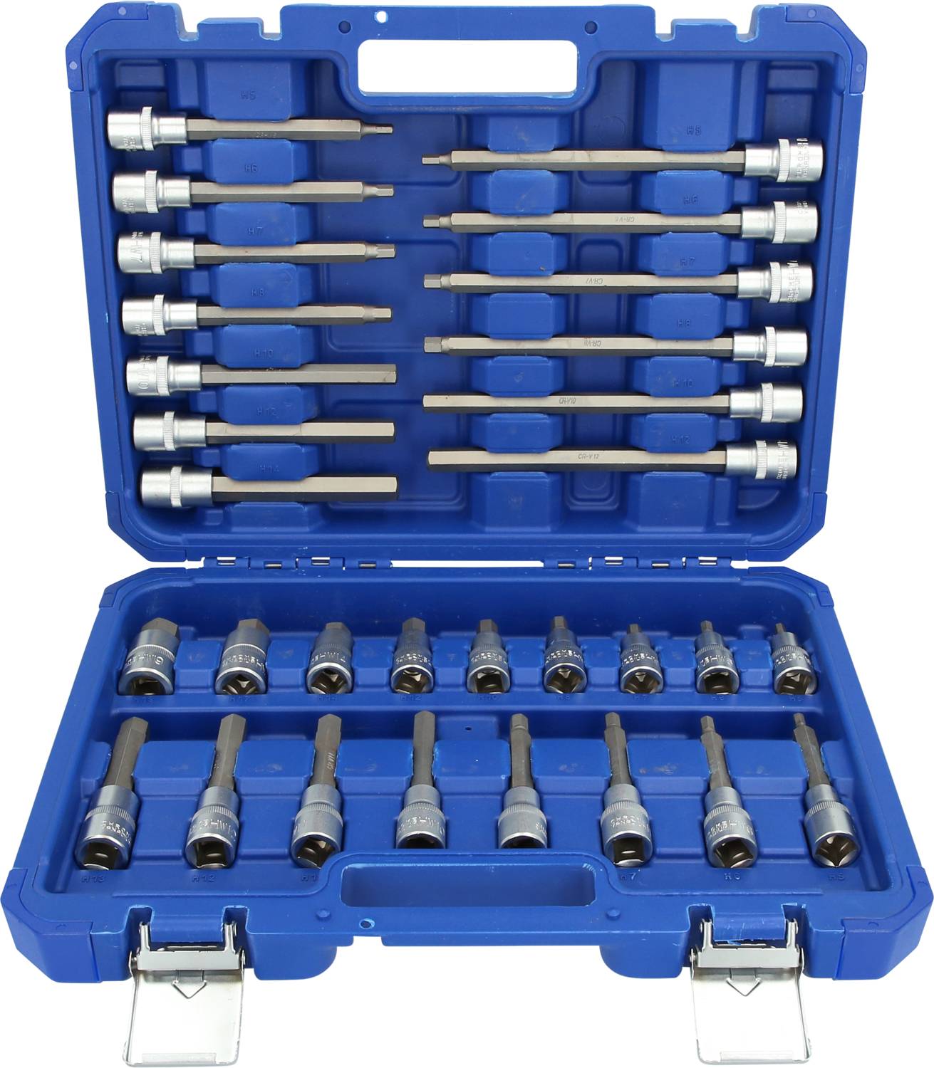 Mallette à outils bleue contenant 20 douilles longues de différentes tailles, soigneusement rangées dans des alvéoles en mousse, ouverte.