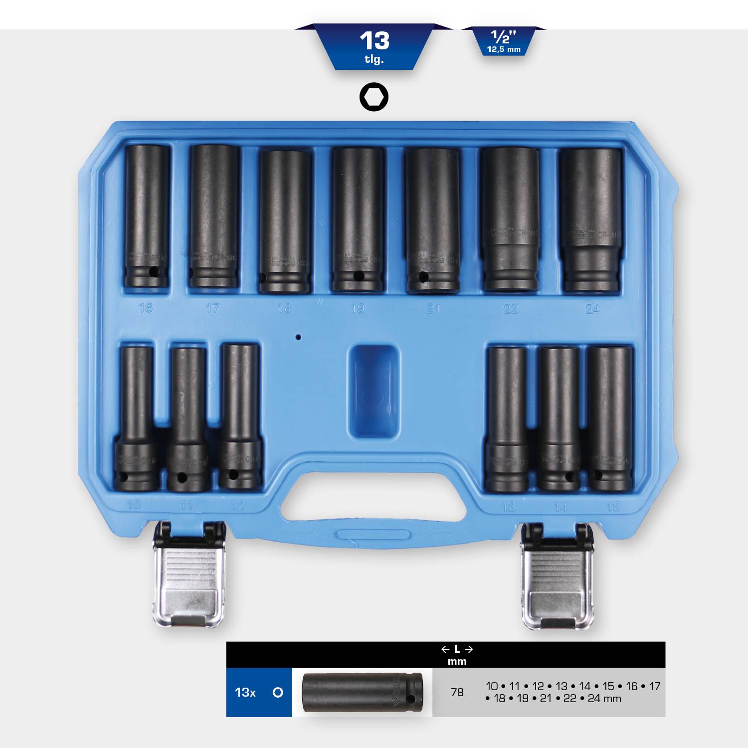 Boîte bleue contenant un ensemble de 13 douilles de différentes tailles, disposées en deux rangées. Vue en dessous d'une douille de 13 mm.