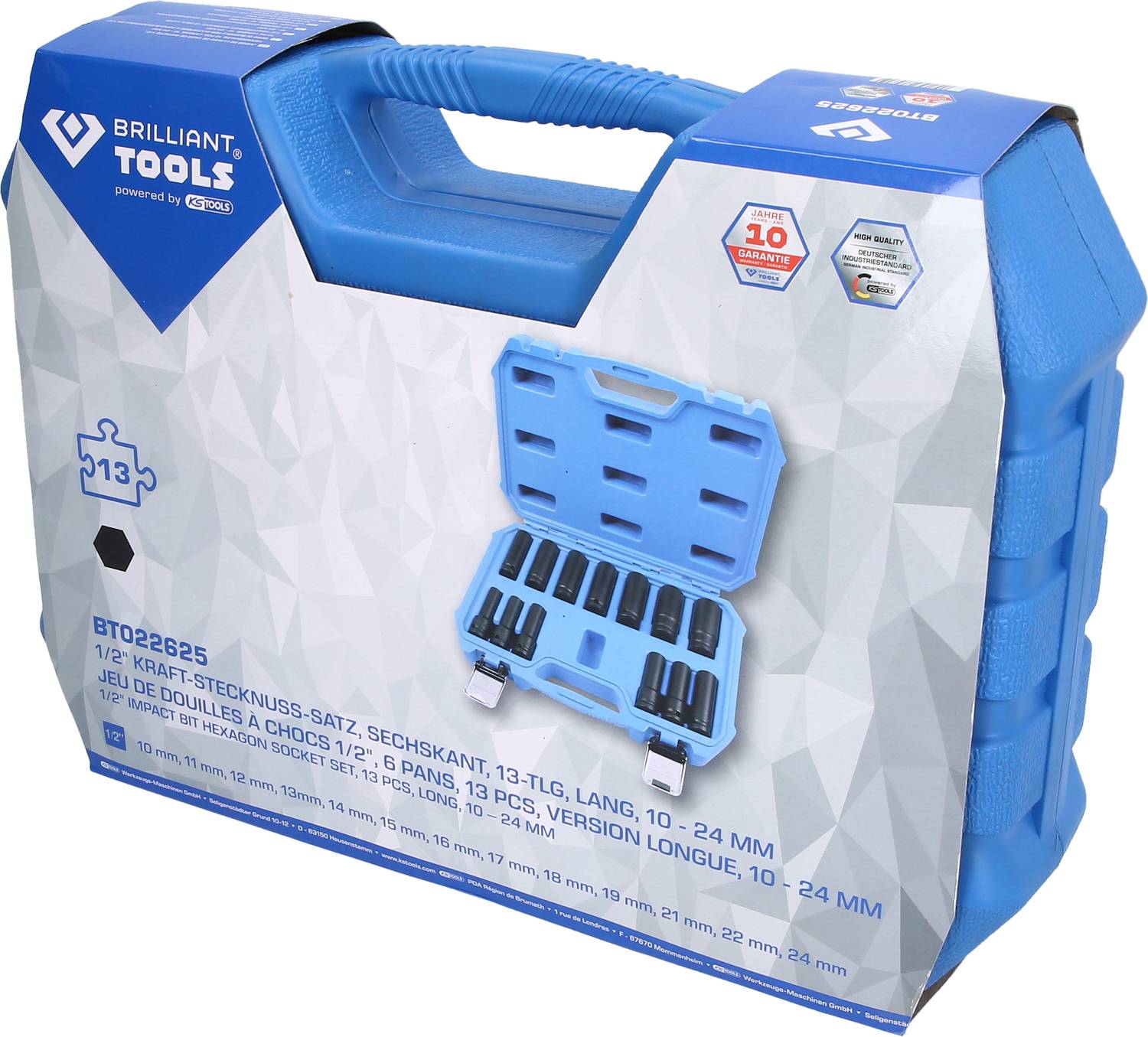 Coffret à outils bleu contenant un jeu de 13 douilles à embouts de différentes tailles (10-24 mm). L'emballage présente le produit et le logo de Brilliant Tools.