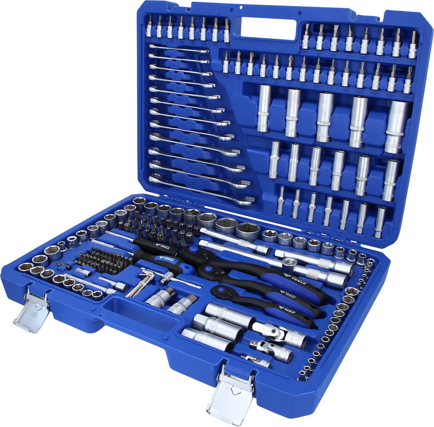Une boîte à outils bleue contenant différentes clés à cliquet, tournevis et pinces, disposés en rangées ordonnées.