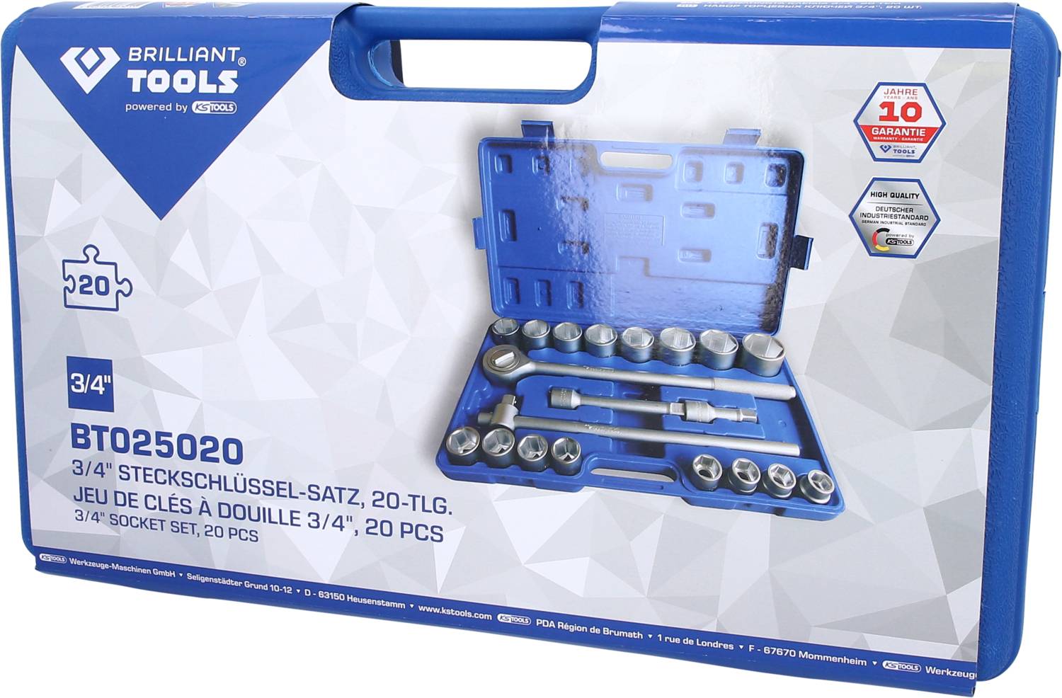 Ensemble de clés à cliquet portable de 20 pièces dans un coffret robuste bleu. Comprend des douilles et accessoires de 3/4 pouce. Nom de la marque en haut à gauche.