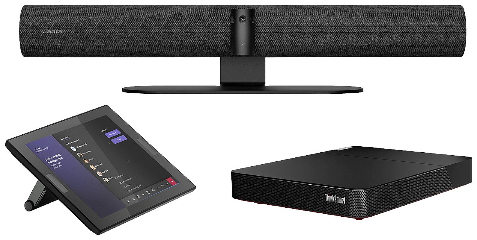Un pack de salle de conférence comprenant une caméra vidéo Jabra PanaCast, un PC ThinkSmart Core et un contrôleur tactile pour la gestion des réunions.