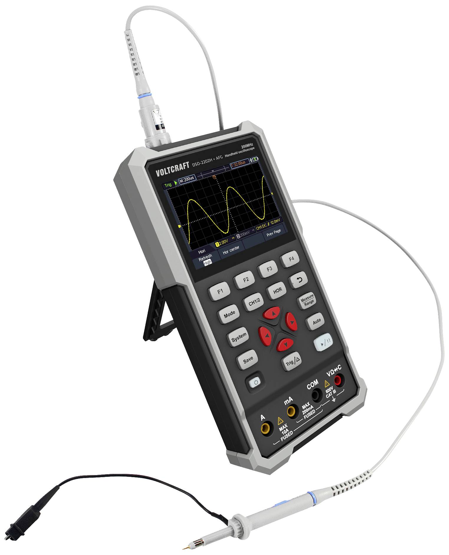 Un oscilloscope portable avec un écran numérique affiche une mesure d'onde sinusoïdale. Une sonde est connectée.
