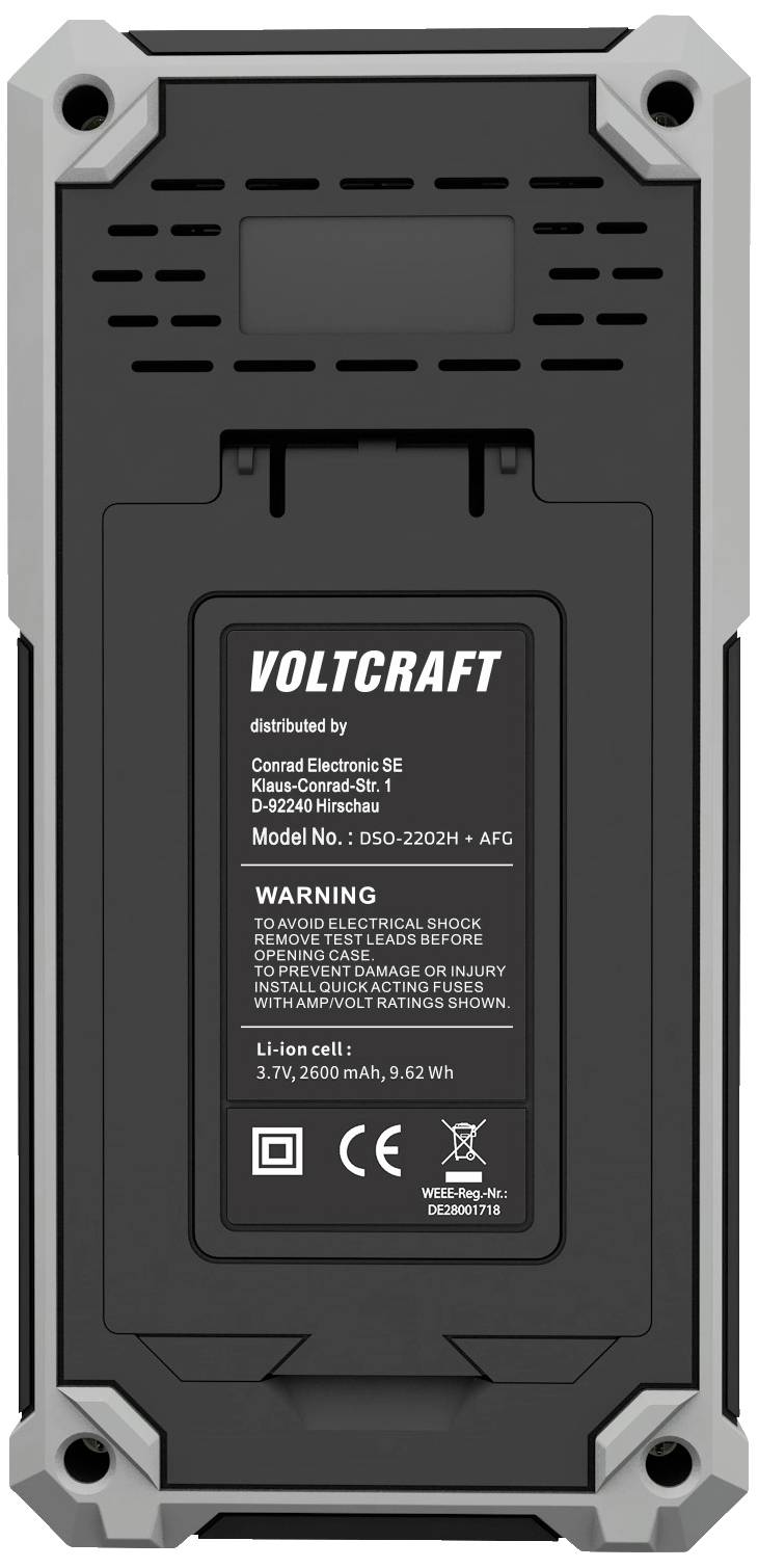 Face arrière d'un appareil VOLTCRAFT avec des détails techniques et des avertissements d'utilisation et de sécurité sur l'étiquette.