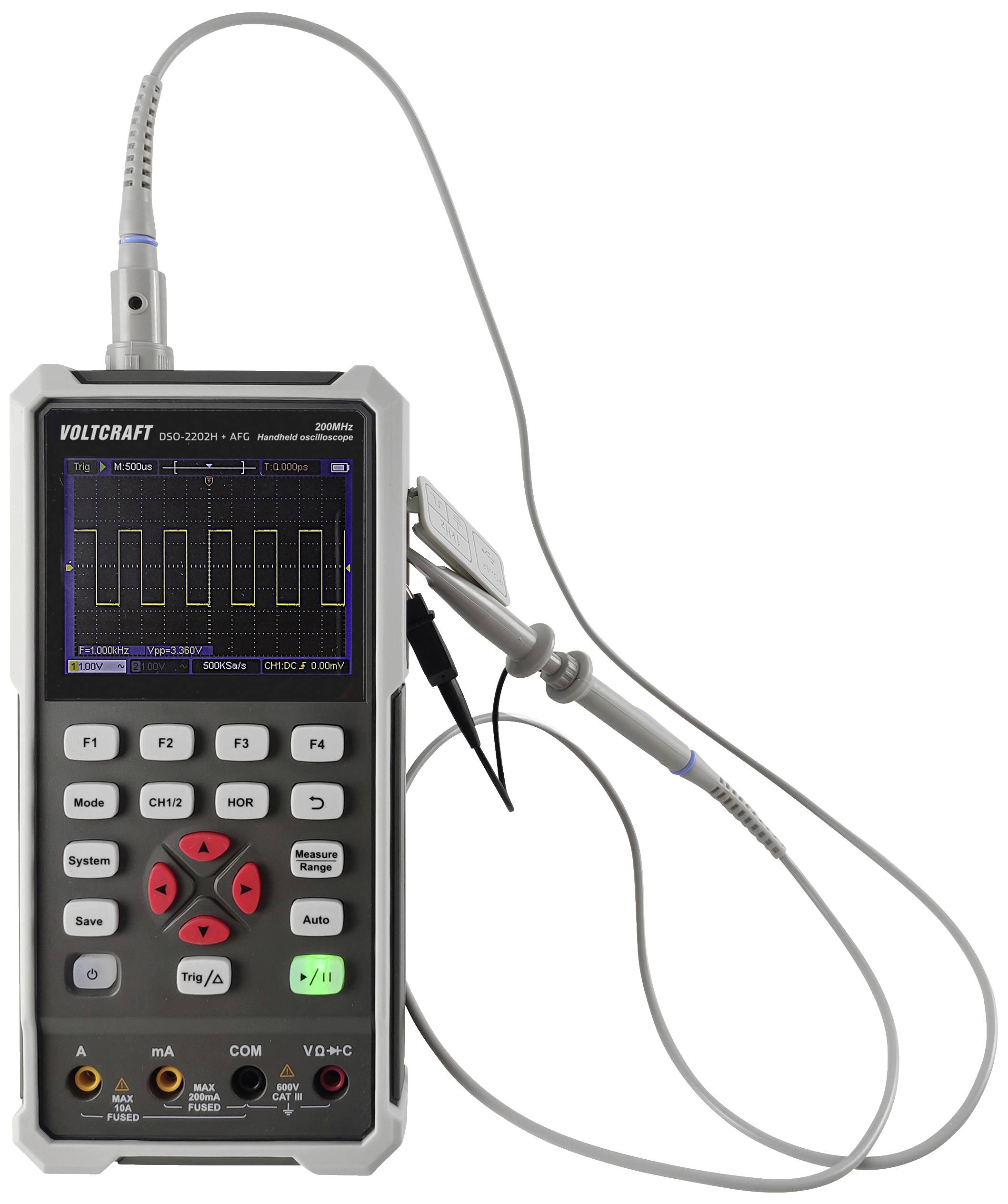 Un oscilloscope portable mesure les signaux électriques. L'écran affiche une forme d'onde rectangulaire. L'appareil dispose de différentes touches de fonction.
