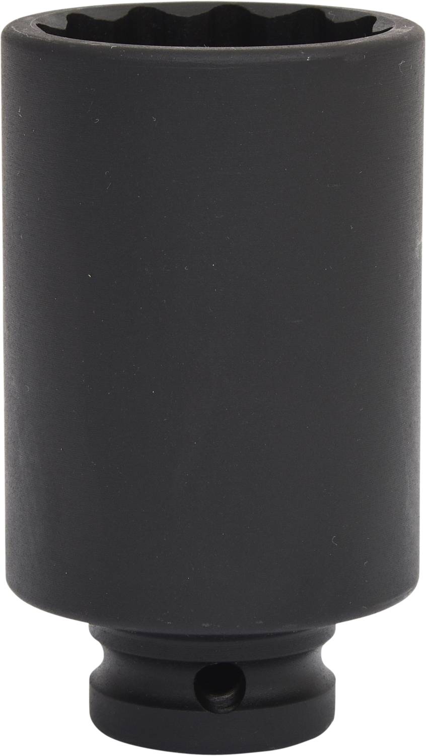 Un embout de clé à chocs noir à ouverture hexagonale, représenté verticalement. Adapté pour être fixé sur une clé à cliquet.
