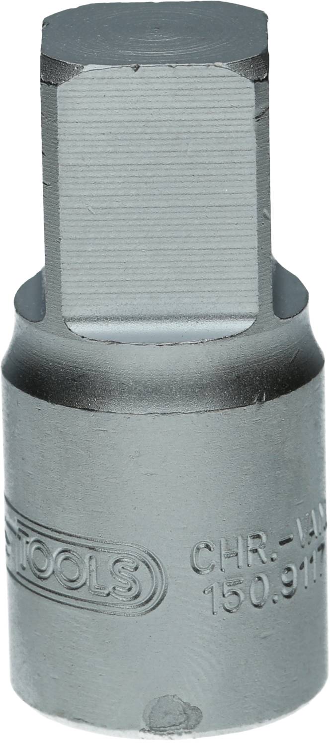 Clé à douille métallique avec embout hexagonal, adaptée au desserrage ou au serrage de vis. Gravure avec le nom de la marque sur le côté.