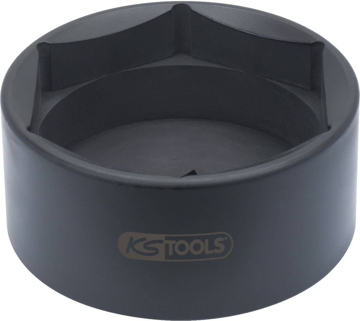 Logo « KS TOOLS » sur un bouton de manche de veste noir, rond.