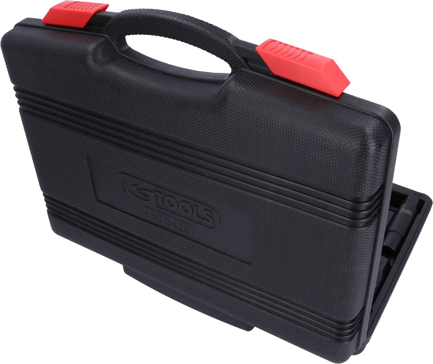 Coffret à outils noir avec des fermoirs rouges, portant le texte 'KS Tools'. Le coffret est fermé et fabriqué dans un matériau robuste.