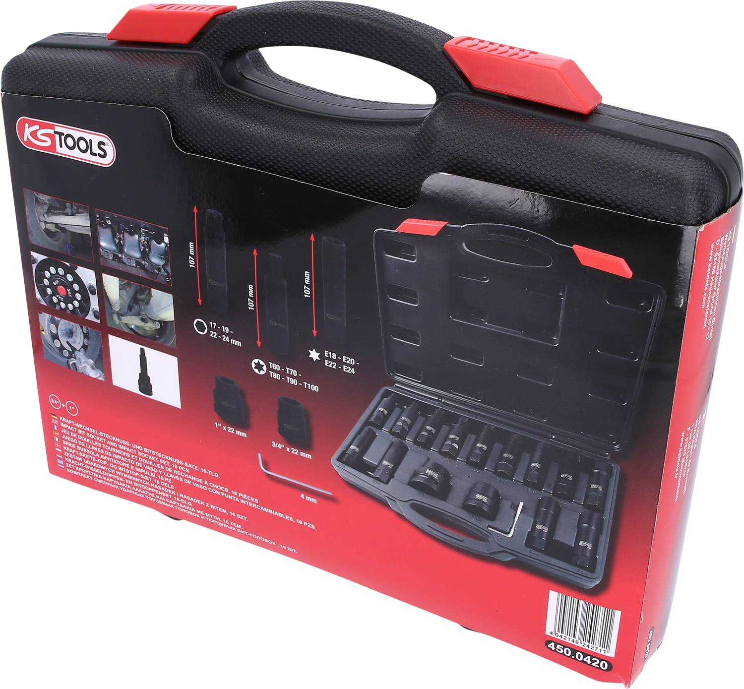Coffret 'KS Tools' avec jeu de douilles pour montage de roues. Présente une image du produit et des illustrations d'application.