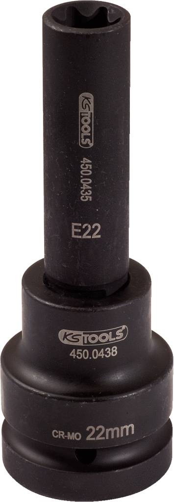 Un embout d'outil noir portant l'inscription 'CR-MO 22mm' et 'E22', fabriqué par KS Tools, représenté en position verticale.