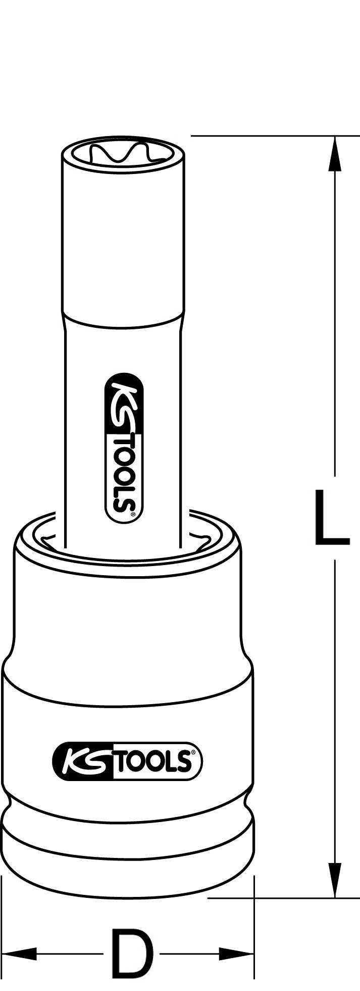 Rallonge de douille de KS Tools avec les dimensions : Longueur (L) et Diamètre (D). Design d'outil imprimé avec logo.