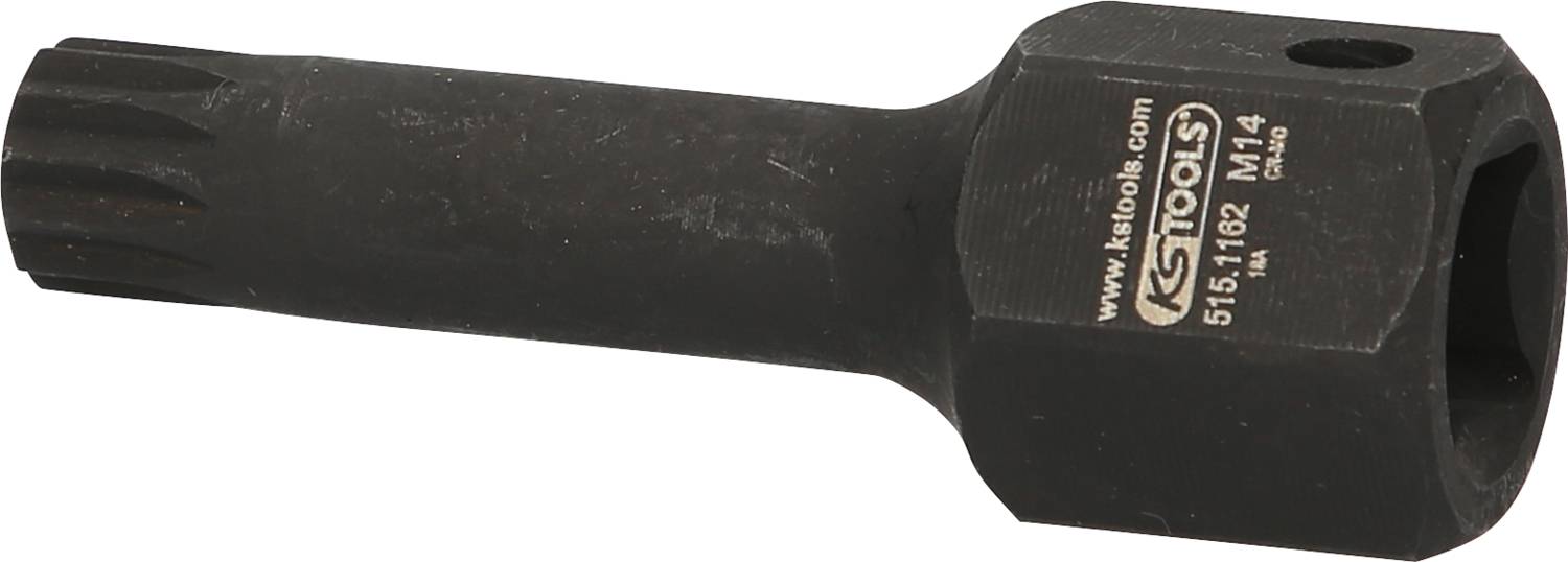 Embout de clé à chocs noir avec marquage, forme ronde avec extrémité cannelée et ouverture hexagonale.