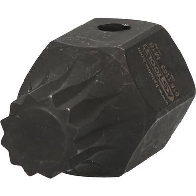 Un outil métallique noir à six côtés, doté d'une pointe dentelée et portant une inscription gravée.