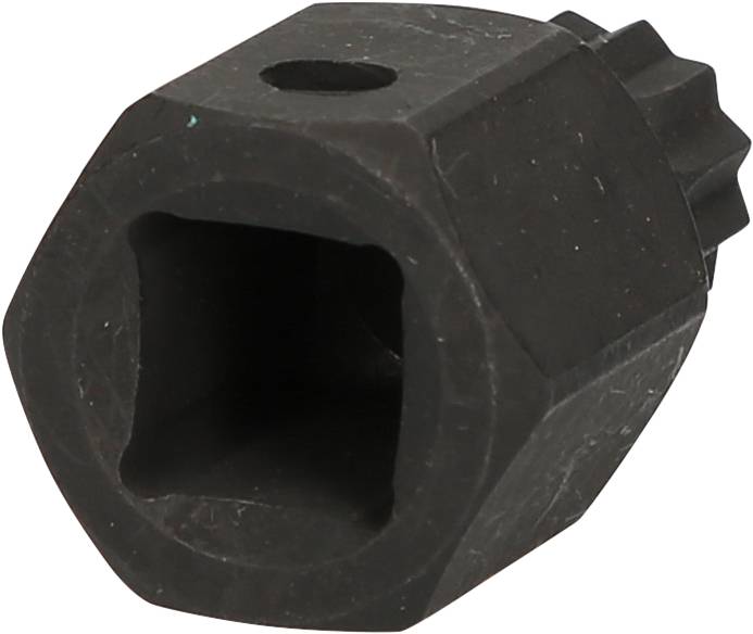 Outil métallique noir hexagonal avec un trou carré au centre, probablement un accessoire pour la fixation de vis.