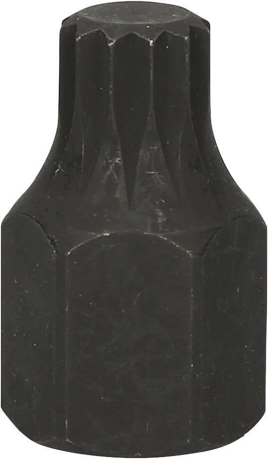 'Une clé à ergots noire, de forme hexagonale, en métal. Principalement conçue pour desserrer ou serrer des vis.'
