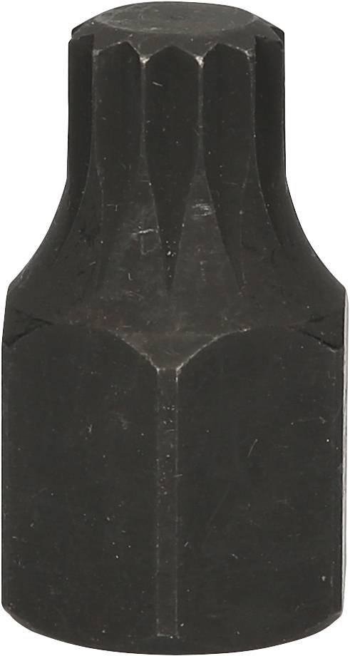 Un embout de vis noir à forme hexagonale et tête cannelée, utilisé pour desserrer ou resserrer des vis.