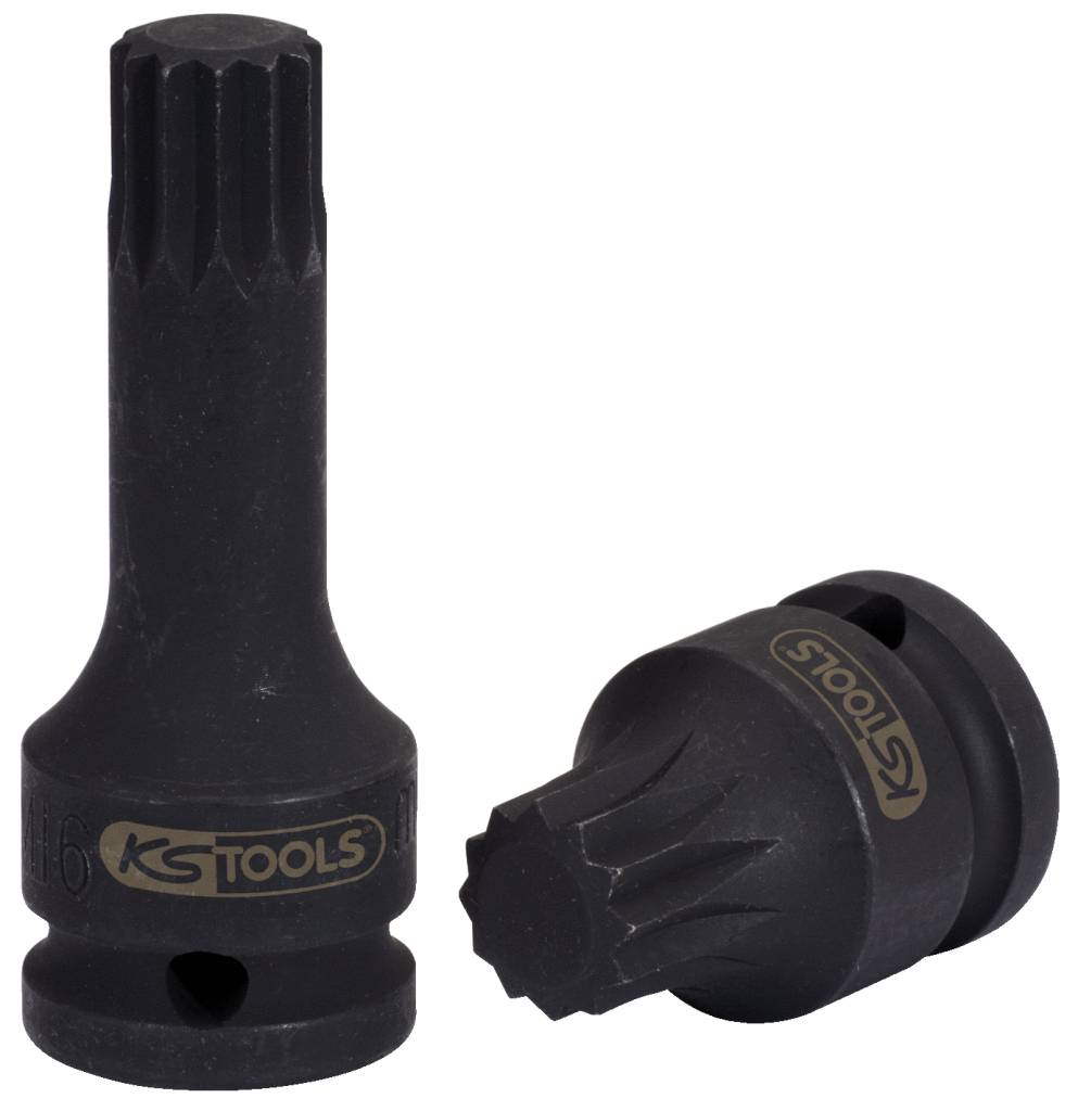 Deux embouts de tournevis noirs à entraînement hexagonal, l'un debout, l'autre couché. Les deux portant le logo 'KS TOOLS'.