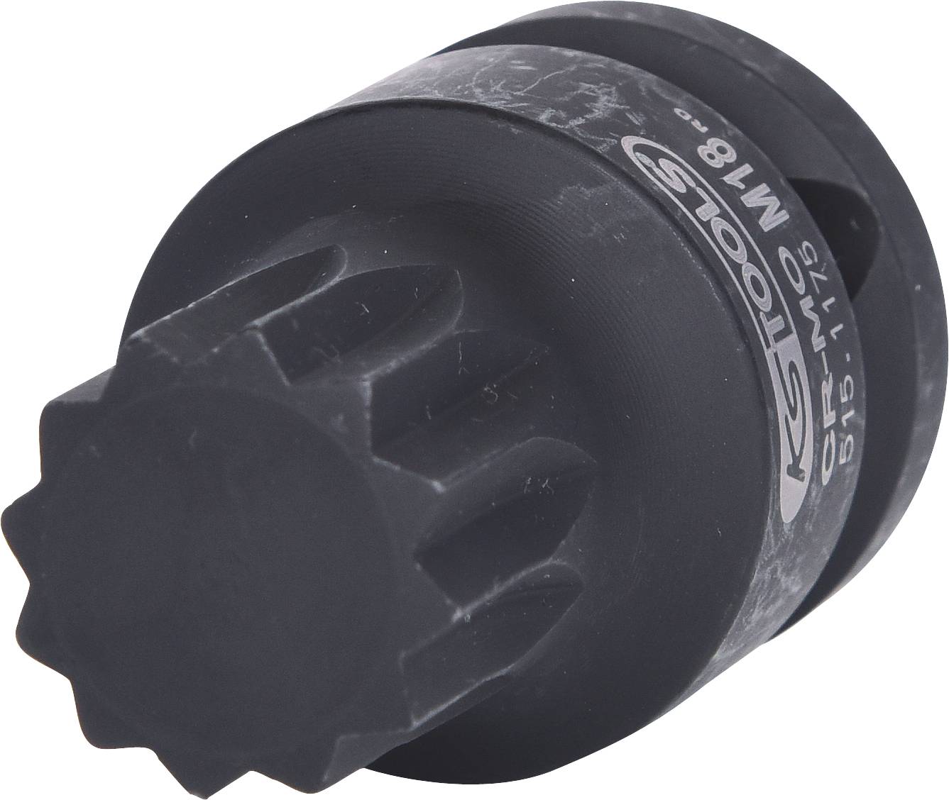 Un embout d'outil noir avec un profil denté, adapté aux vis hexagonales. Marquages sur le côté avec les spécifications techniques.