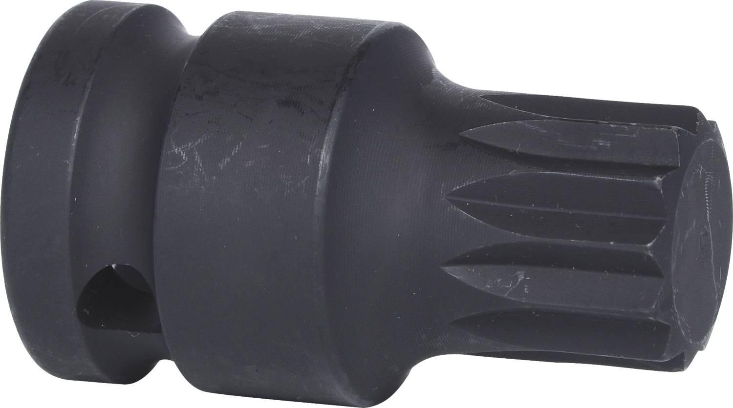 Un embout de clé à douille noir à 12 pans en métal robuste, adapté aux prises de force, avec une tige cylindrique.