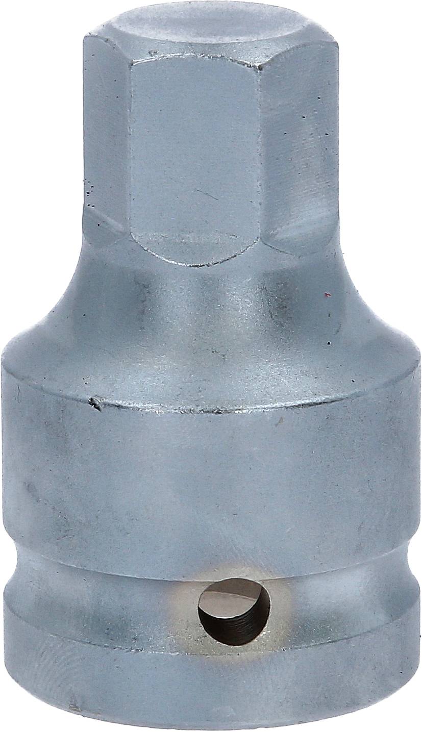 Adaptateur d'outil métallique à pointe hexagonale et ouverture circulaire sur le côté ; utilisé pour connecter des pièces d'outils.