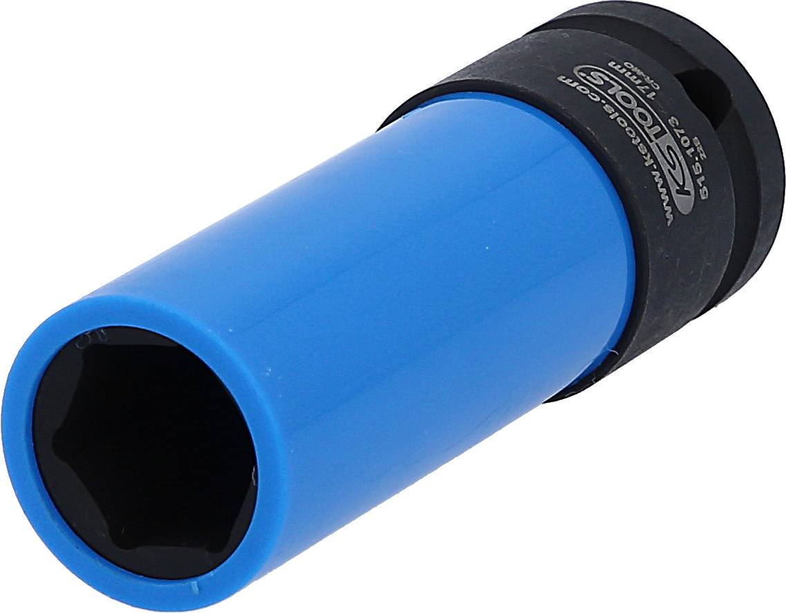 Une clé à ergots bleue avec un manchon noir. Adaptée pour une utilisation avec des clés à molette ou des cliquet, servant à fixer ou à retirer des vis.