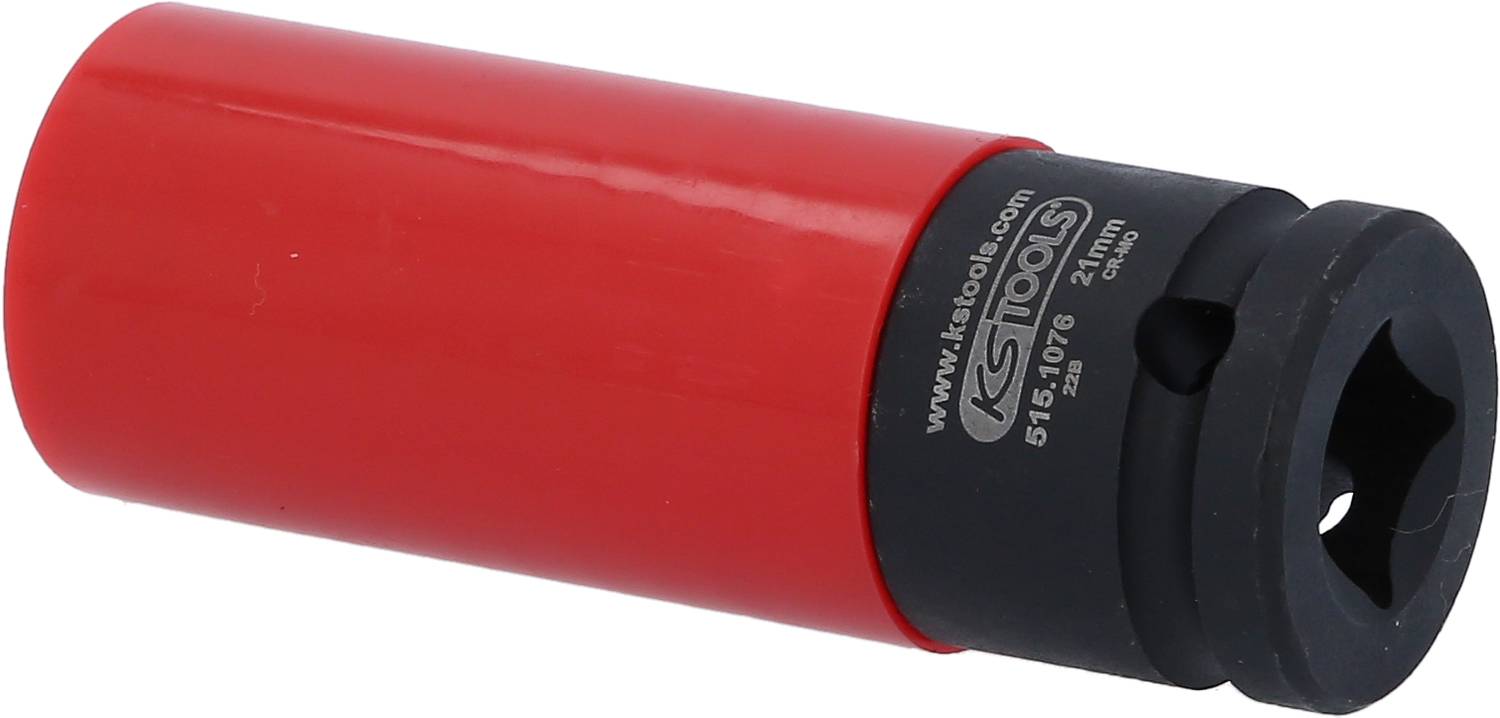 Embout de clé à cliquet avec revêtement rouge et noir, portant l'inscription 'KS Tools'. Utilisé pour desserrer ou serrer des vis.