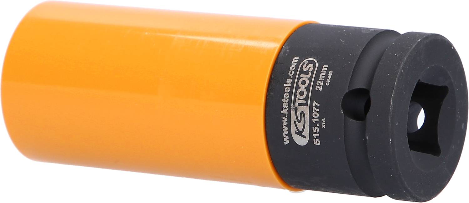 Embout de clé jaune avec support noir et gravure 'www.kstools.com, 24mm'. Outil utilisé pour la fixation de différents écrous.
