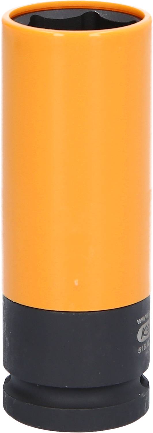 Un outil cylindrique orange avec un socle noir, probablement une clé à douille pour des réparations automobiles ou des travaux mécaniques.