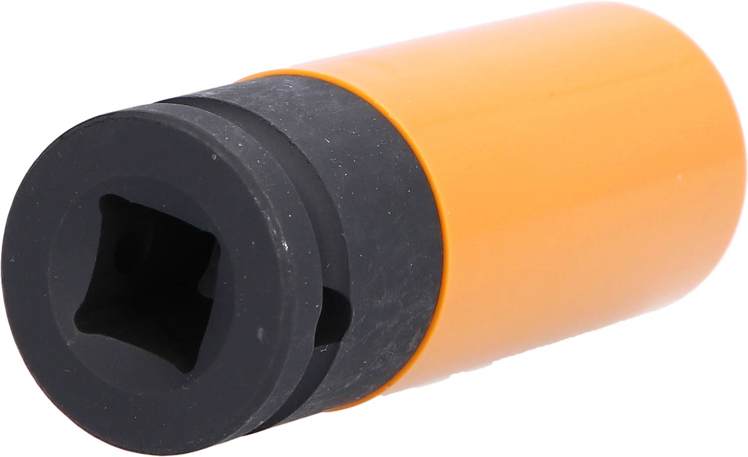 Un adaptateur cylindrique orange avec un raccord carré noir, probablement destiné à des applications mécaniques ou techniques.