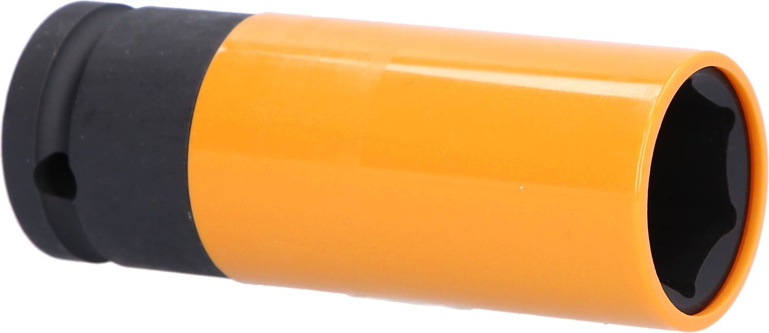 Une longue clé à douille cylindrique avec un revêtement jaune et un embout noir, utilisée pour serrer et desserrer des vis.
