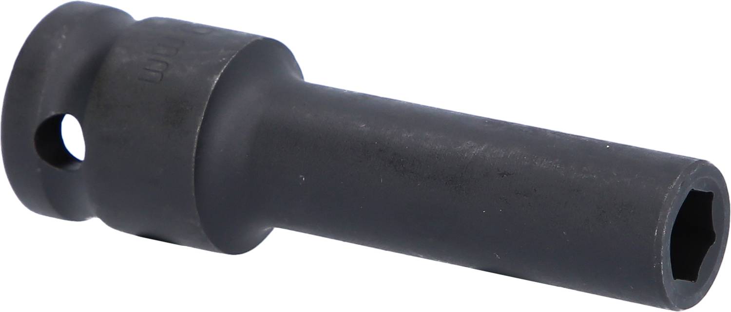 Un adaptateur noir pour clé à douille avec tige hexagonale et trou rond. Utilisé pour connecter des pièces d'outillage.