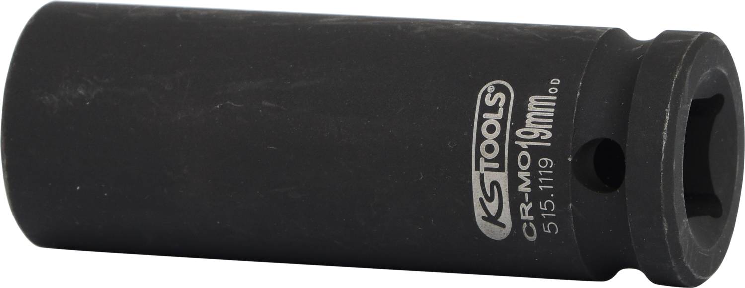 L'image représente un douille à chocs noire de KS Tools de taille 19 mm. Elle est fabriquée en acier chrome-molybdène et possède une ouverture hexagonale.