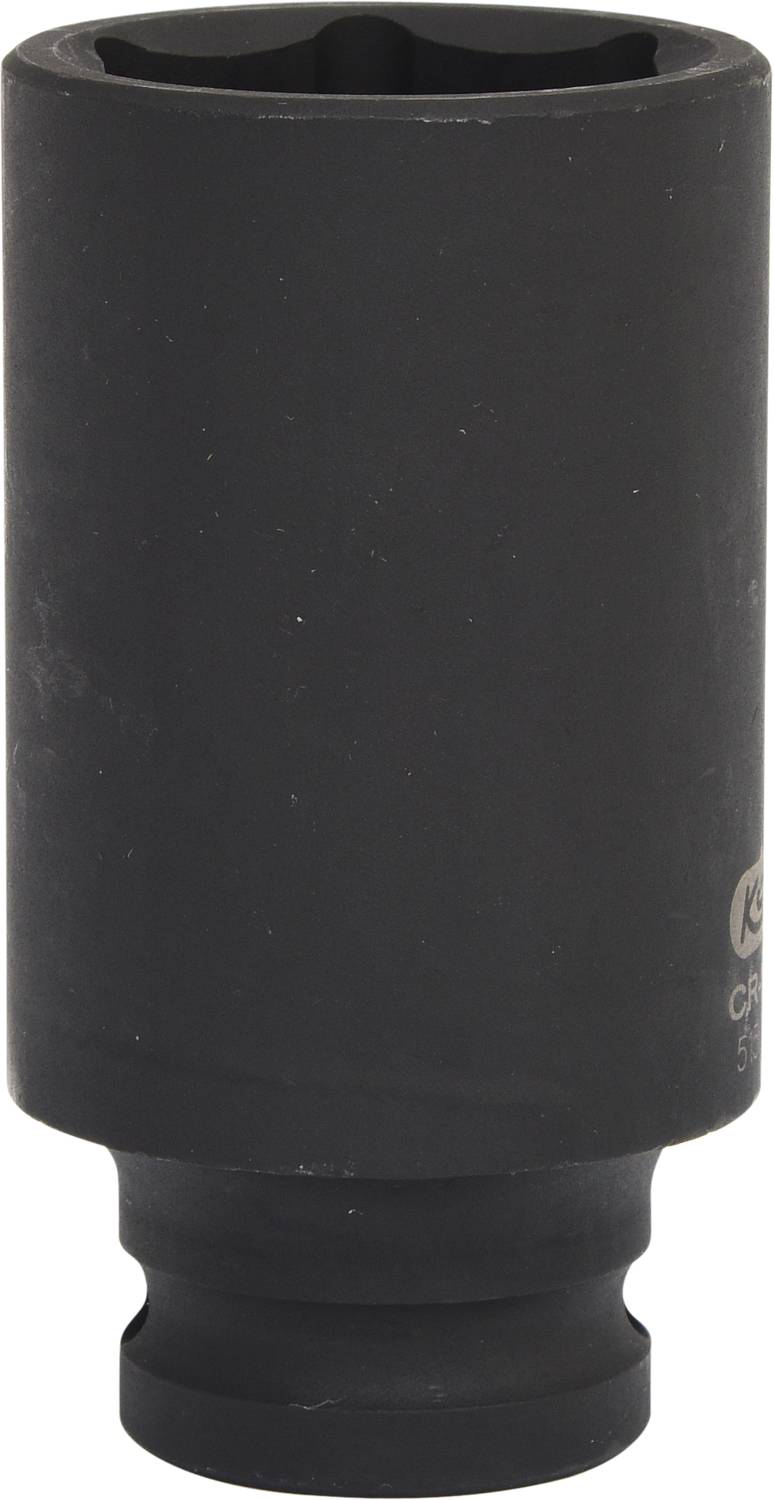 Un embout de clé à douille noir en métal, cylindrique avec ouverture hexagonale. Adapté pour serrer des vis.