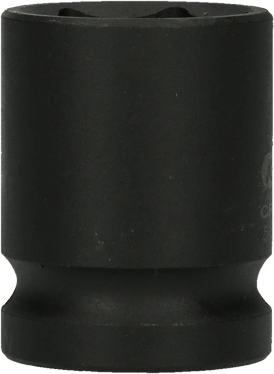 Un embout de clé à douille cylindrique noir en métal, debout, à surface lisse et légèrement brillante, sans marques visibles.