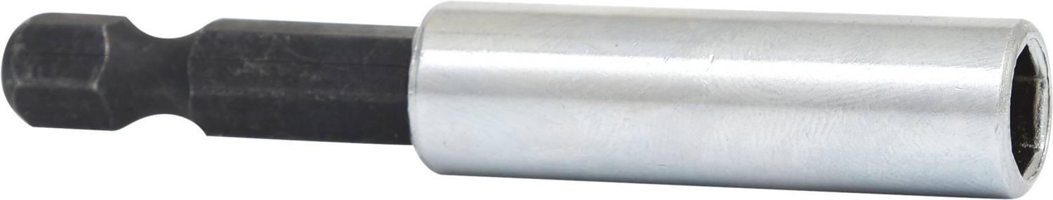 Un porte-embout hexagonal en métal pour tournevis ou visseuse sans fil, avec un boîtier cylindrique argenté.