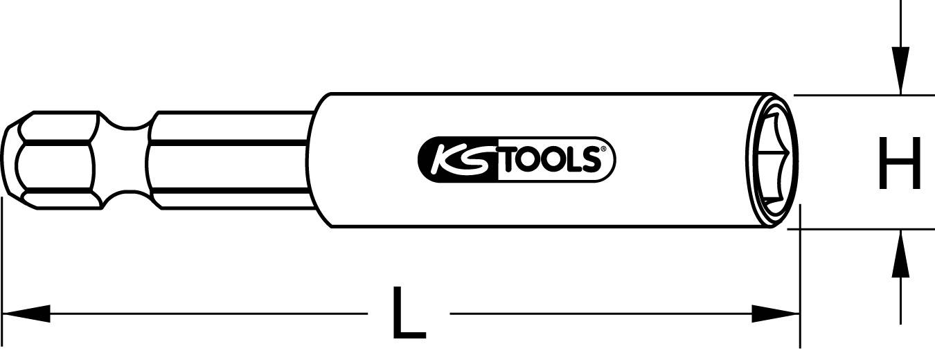 Illustration d'un embout de clé à douille KS Tools avec indication des dimensions : la longueur (L) et la hauteur (H) sont indiquées.