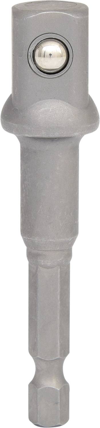 Un adaptateur métallique argenté avec une tige hexagonale et une tête à roulement à billes, utilisé pour des outils de vissage.