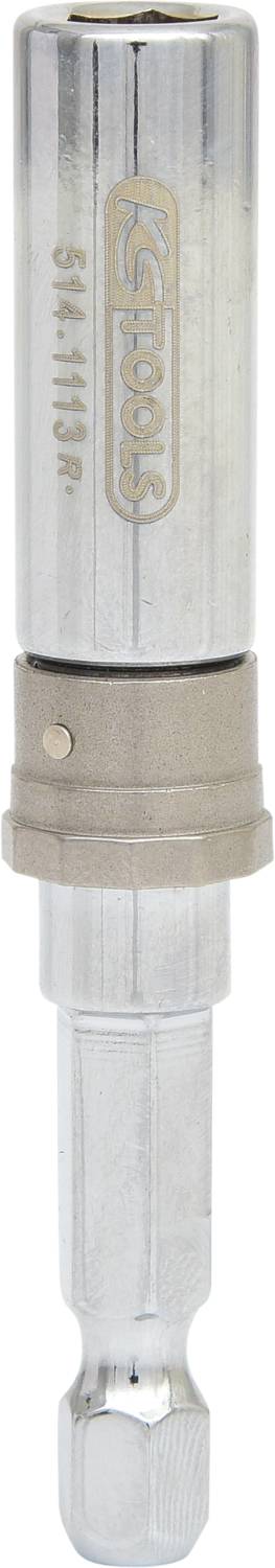 Un embout de clé à cliquet en argent avec ouverture hexagonale, adapté pour les clés à cliquet ou les perceuses.