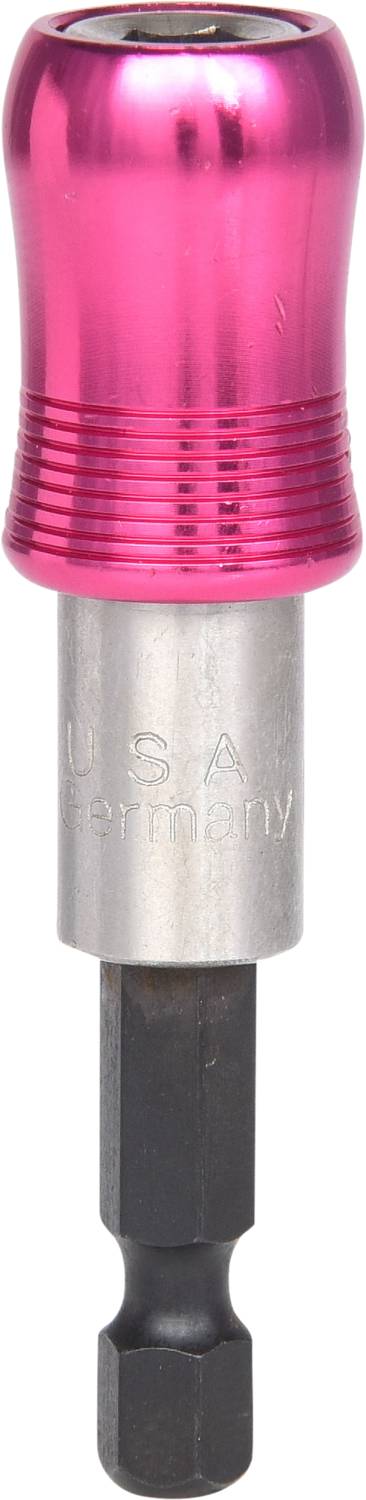 Un porte-embout magnétique rose avec une poignée argentée et un corps hexagonal noir ; idéal pour maintenir les embouts sur les tournevis.
