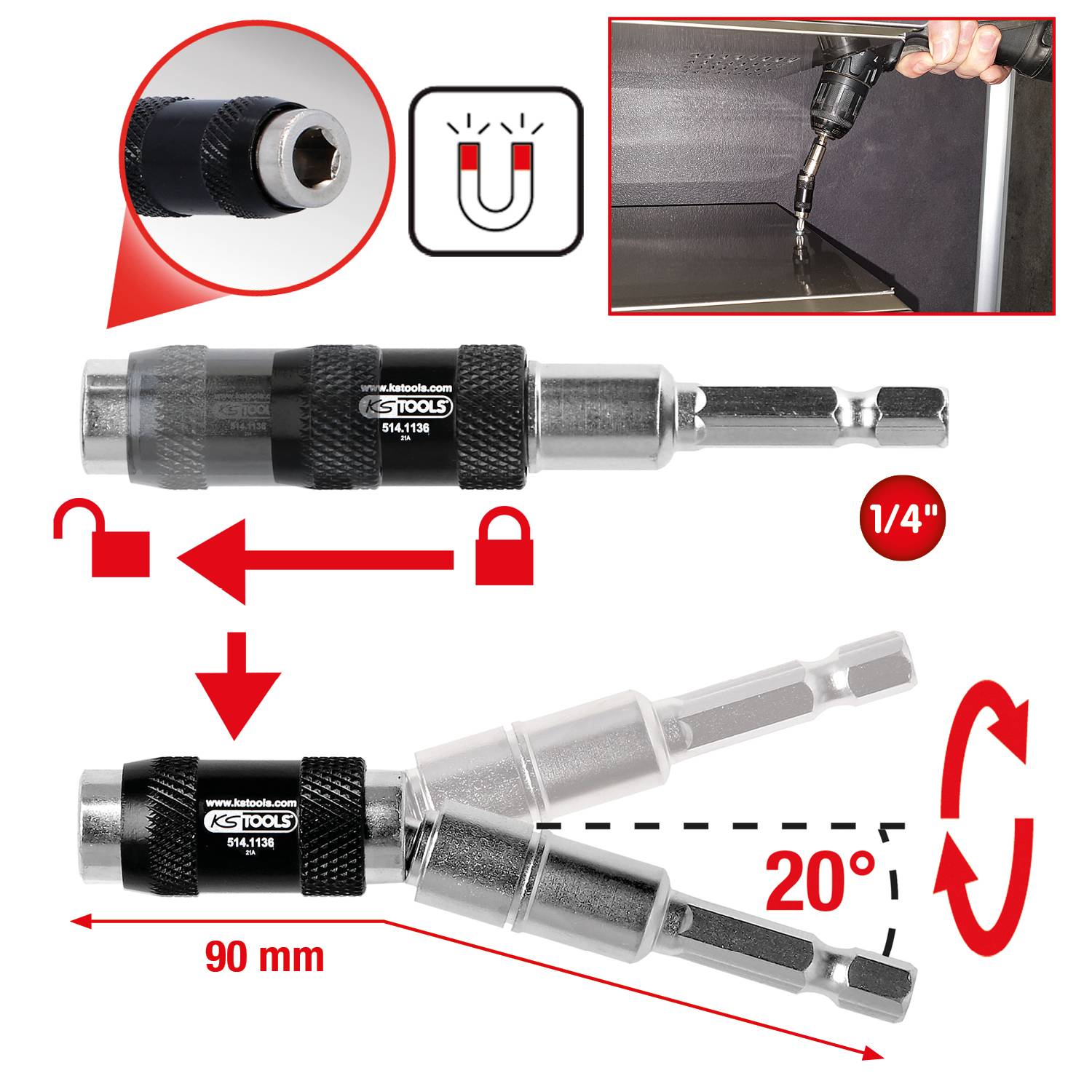 Porte-embout 'KS Tools' avec fonction magnétique. Indique l'insertion et le retrait de l'embout. Longueur : 90 mm, angle de rotation : 20 degrés, taille : 1/4''.
