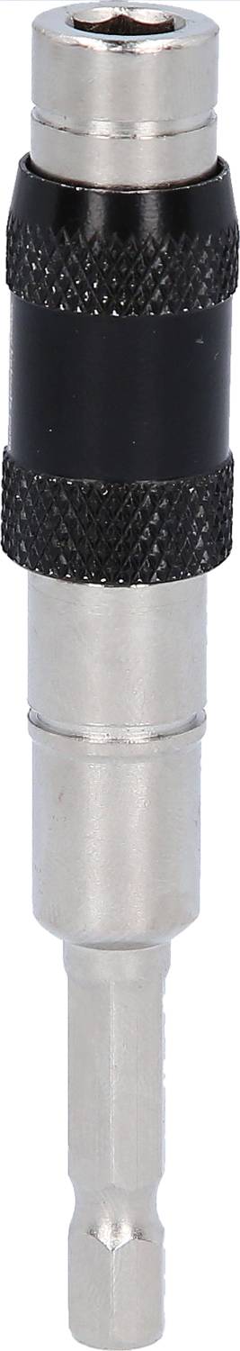 Un porte-embout métallique argenté avec une poignée noire, utilisé pour fixer des embouts de tournevis ou des embouts, présenté debout.