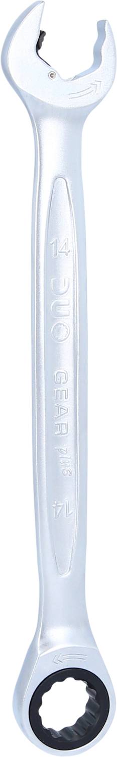Une clé à molette en argent avec une extrémité ouverte et une extrémité à cliquet, adaptée aux réparations et montages simples.