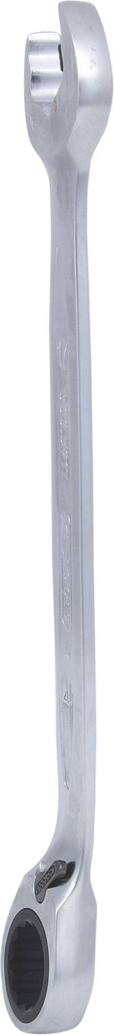 Une clé à double anneau de couleur argent, avec un anneau coudé à une extrémité et un anneau droit à l'autre extrémité.