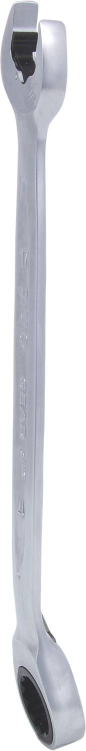 Une clé à anneau en argent avec fonction à cliquet, adaptée pour serrer ou desserrer des écrous et des vis.