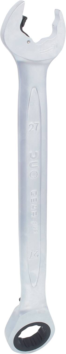 Une clé à fourche en argent avec fonction à cliquet, marquée avec des indications de taille, droite debout. Adaptée à divers travaux de vissage.