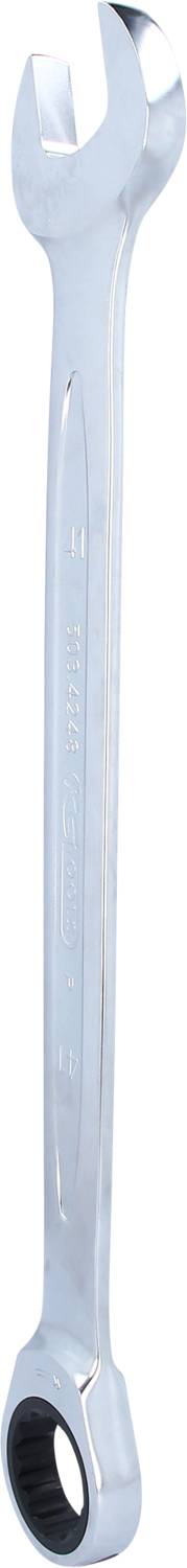 Une clé à molette en argent avec une extrémité à fourche ouverte et une extrémité à anneau.